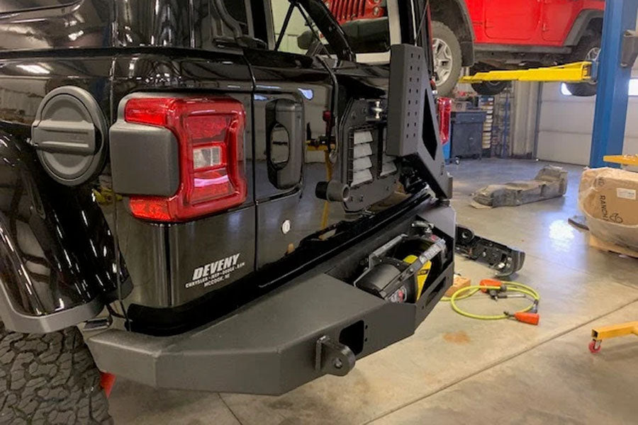 Next Venture Motorsports Scout Series Rear Winch Bumper w/ Tire Carrier - Bare w/ Backup-Sensor Cutouts