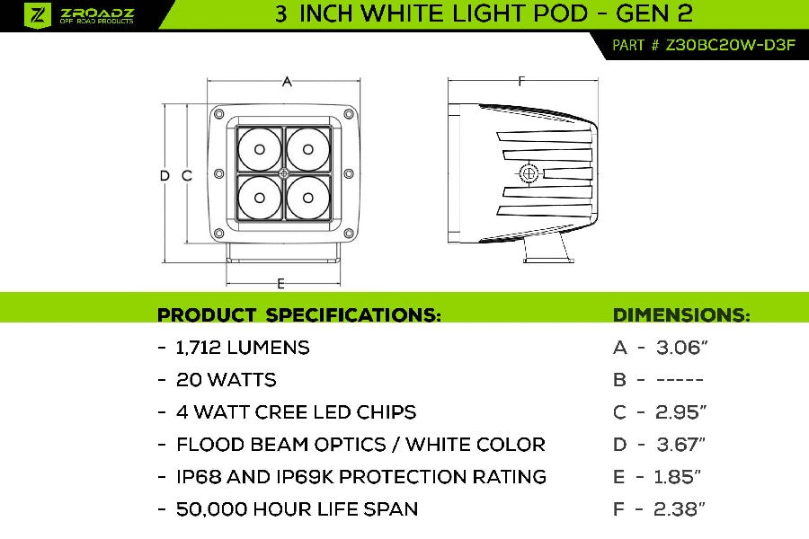 ZROADZ 3-inch LED Light Pod Kit, G2 Series, Bright White, Flood Beam, 2 Piece With Wiring Harness